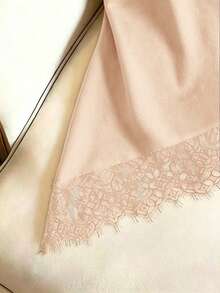 SHEIN Franclia 女款蕾絲拼接圓領休閒百搭日常穿著襯衫 - 卡其色 - 查看 6