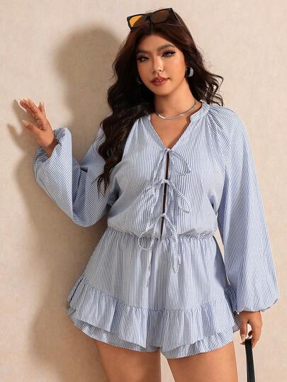 Elaquor Plus Size Women's Striped Casual Daily Wear Romper Casual Ruffle Hem Jumpsuit Casual Vacation Daily Going Out Jumpsuit For Women Striped Jumpsuit Fall