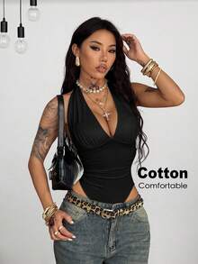 Coolane 女款純色性感掛脖抓褶連身衣 - 黑色 - 查看 4