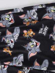 TOM & JERRY X SHEIN Plus Size Men's Cartoon Print Short Sleeve Top And Shorts Pajama Set - Black and White - View 9