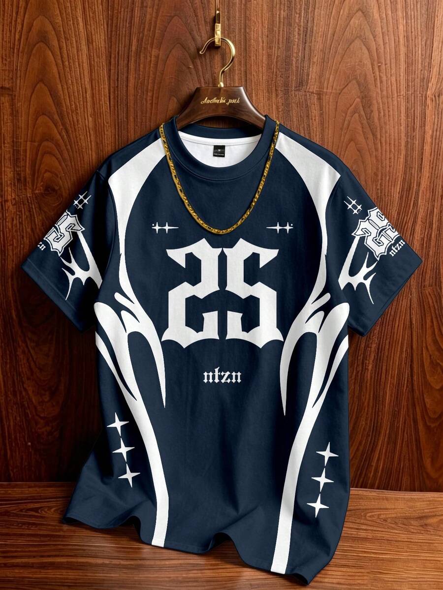Aesthetic Post Retro Sports Men's Casual Colorblock Numeric Print Round Neck Short Sleeve T-Shirt, Summer Men Shirt Men Tops - Multicolor - View 1