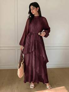 Solavon New Ruched Multi-Layer Flounce Cinched Waist Flowy Beach Dress, Flattering And Suitable For Vacation And Beach Unlined Sleeves - Red Violet - View 9