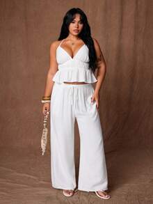 Rustia Women's Plus Size White Linen 2-Piece Set, V-Neck Camisole With Open Back, Cinched Waist And Ruffle Hem, Straight Leg Pants With Pockets, Casual Minimalist Daily Outfit For Vacation, Beach, Strolling, Shopping, Dating And Commuting - White - View 5