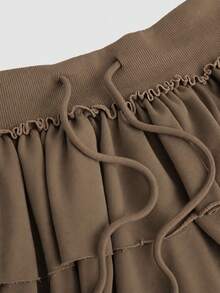 ROMWE Grunge Punk Music Festival Hot Girl Washed Sweatshirt Fabric Ruffle Hem Low Waist Mini Skirt For Women - Brown - View 4