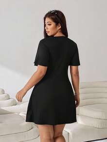 Solflare Black Casual Elegant Plus Size Women's Contrast Lace Bow Decor Short Sleeve Dress Evening Summer - Black - View 2