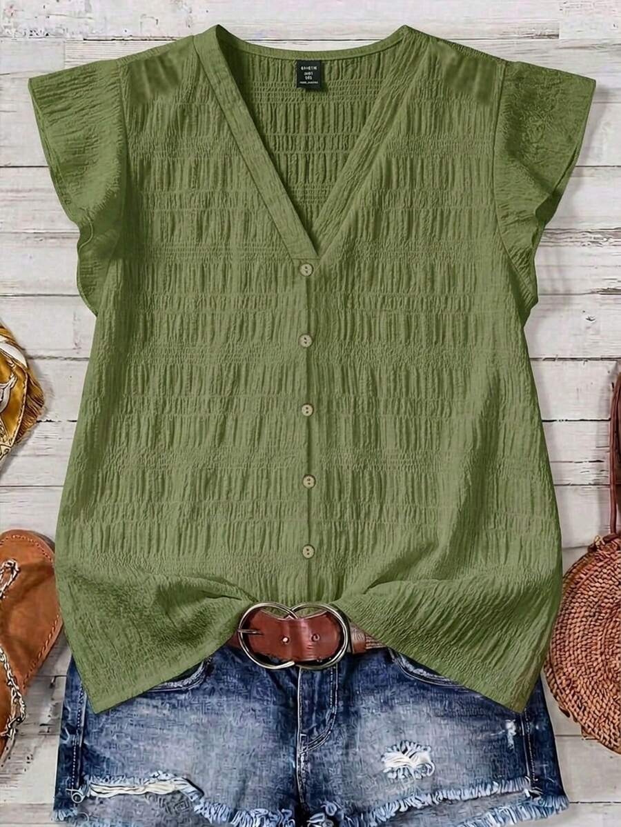 SHEIN LUNE Casual Minimalist Green Women's Shirt Suitable For Summer - Army Green - View 1