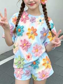 少女休閒極簡可愛紋理花卉紅色復古風圓領短袖T恤寬鬆短褲兩件套夏季套裝 - 彩色 - 查看 2
