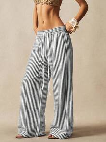 Bohemela Casual Woven Striped Loose Fit Women's Long Pants - Black and White - View 4