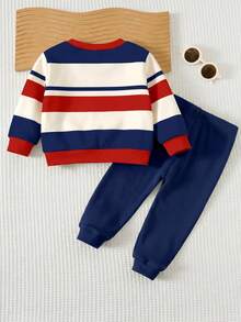 Baby Boy Casual Athletic Minimalist Loose Round Neck Knitted Soft Pullover Set Suitable For Autumn/Winter Classic Retro Striped Pattern Print Navy - Multicolor - View 4