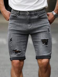 Manfinity Homme Men's Casual Versatile Daily Wear Denim Shorts With Pocket, Button And Distressed Design - Grey - View 5