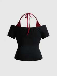 ROMWE Avant Top halter 2 en 1 para mujer talla grande, estilo vintage streetwear unisex versátil con estampado de ojo y cielo estrellado - Negro - Ver 2
