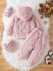 SHEIN Vintaside Kids 女嬰秋季刺繡兔子抓絨套裝 粉色麻花針織連帽衛衣慢跑褲 3件套 附包 淺粉色 親子款 粉黑配色 - 淺粉色 - 查看 3