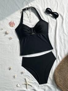 SHEIN Girlism Teen Girl Solid Color Halter Tankini And Triangle Tankini Swimwear Set, Suitable For Summer Vacation And Beach - Black - View 6