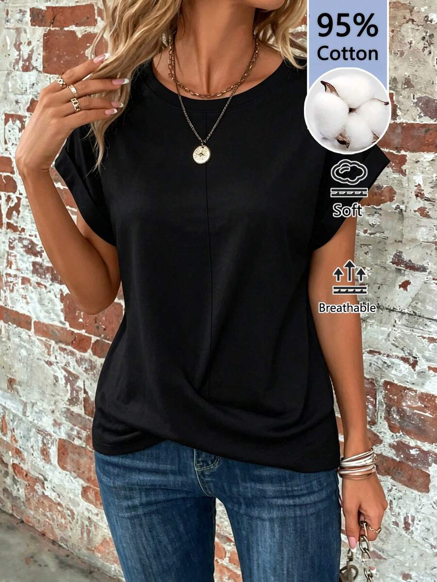 EMERY ROSE تي شيرت نسائي من القطن الخالص بتصميم أسود مع عقدة عند الحافة وياقة دائرية وأكمام خفاشية للاستخدام المنزلي والصيفي والكاجوال والسفر - الأسود - مشاهدة 1