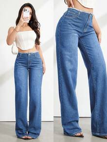 SHEIN Tall 女款高腰鈕扣口袋寬鬆寬腿藍色牛仔褲，春夏休閒度假日常街頭七分牛仔褲 - 中等水洗藍 - 查看 8