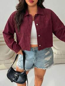 SHEIN EZwear 女款大尺碼長袖單排扣休閒酒紅色夾克 - 酒紅色 - 查看 5