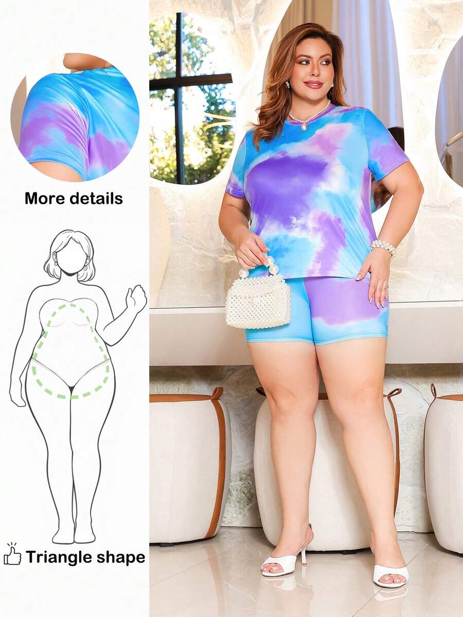 Wellenrocha Plus Size 2 Pieces Tie-Dye Printed Set, Suitable For Vacation, Summer Suitable For Going Out, For Pear And Triangle Body Shape Elegant - Multicolor - View 1