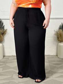 Hourglow Plus Knot Front Wide Leg Summer Outfits Pants, For Hourglass Body Shape Black - Black - View 3