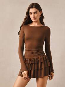 Hourtrue New Solid Color Slim Fit Elegant Long Sleeve Nightgown, High-Quality Sleepwear For Women, Autumn/Winter - Brown - View 1