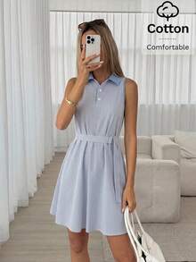 Easowa Women's Blue And White Stripe Shirt Collar Casual Preppy Elegant Basic Sexy Coastal Chic Sleeveless Mini Dress Cotton Summer Brunch School Holiday - Blue and White - View 1