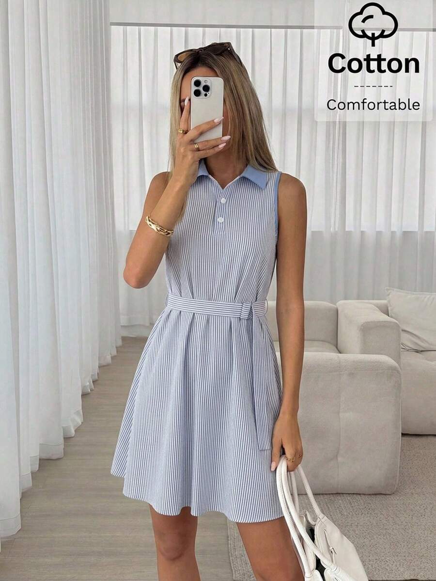 Easowa Women's Blue And White Stripe Shirt Collar Casual Preppy Elegant Basic Sexy Coastal Chic Sleeveless Mini Dress Cotton Summer Brunch School Holiday - Blue and White - View 1