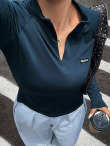 Dazy Plus Woven Label Decor Plus Size Solid Color Slim Fit Half-Zip Long Sleeve Spring/Autumn Sports Casual T-Shirt School - Navy Blue - View 1