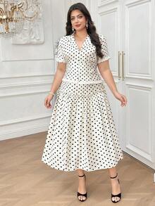 Dazy Plus Polka Dot Cardigan Lace Trim Patchwork Blazer Style Short Sleeve Top & Straight Skirt 2pcs Set, Elegant Commute Plus Size Women Summer - White - View 6