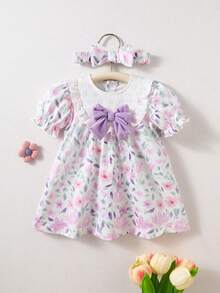 SHEIN Newborn Baby Pink Dress & Bow Headband Set, Cute Princess Style - Purple - View 3
