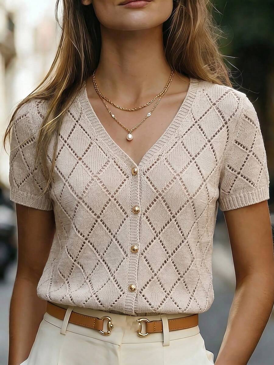 SHEIN Casual Fitted V-Neck Short Sleeve Knit Argyle Hollow-Out Button-Front Cardigan, Apricot, Women's Spring/Summer Lightweight, Autumn For Women