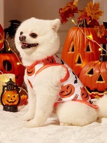 2pcs Pet Cat Dog Universal Halloween Orange Pumpkin Funny Expression Pattern Print Fashionable Breathable Comfortable Dog Vest, PETSIN Original Design - Multicolor - View 10