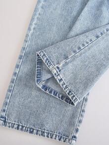 SHEIN Girls' Denim Jeans Y2K Style, Light Blue Vintage Wash, Featuring Bow Embroidery On The Back Pockets; Stylish And Versatile. - Light Wash - View 7