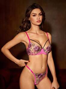 Bella Beso 1 Set Of 2 Pieces Hot Pink Floral Rose Embroidery Sheer Lingerie Set With Bra & Panty - Hot Pink - View 4