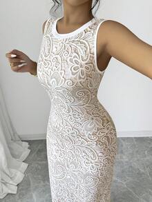 Elenzga Women's Lace Printed Round Neck Fitted Elegant Sleeveless Midi Dress - Multicolor - View 7