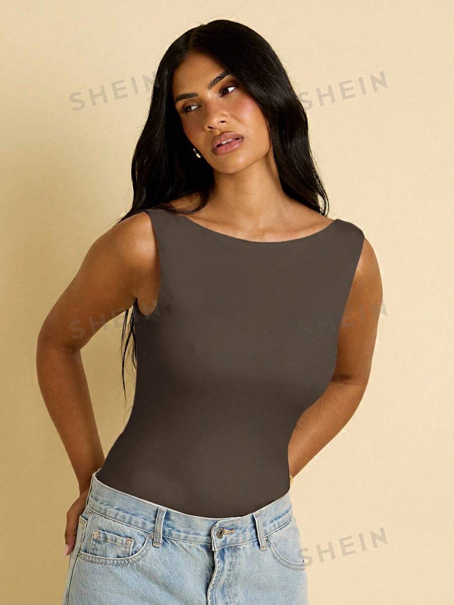 FASHION SZN 女款雙層針織超柔軟無袖連身衣 休閒 Y2K 90年代極簡風巧克力棕色一體式上衣 夏季度假旅行城市短途遊 - 巧克力棕 - 查看 1