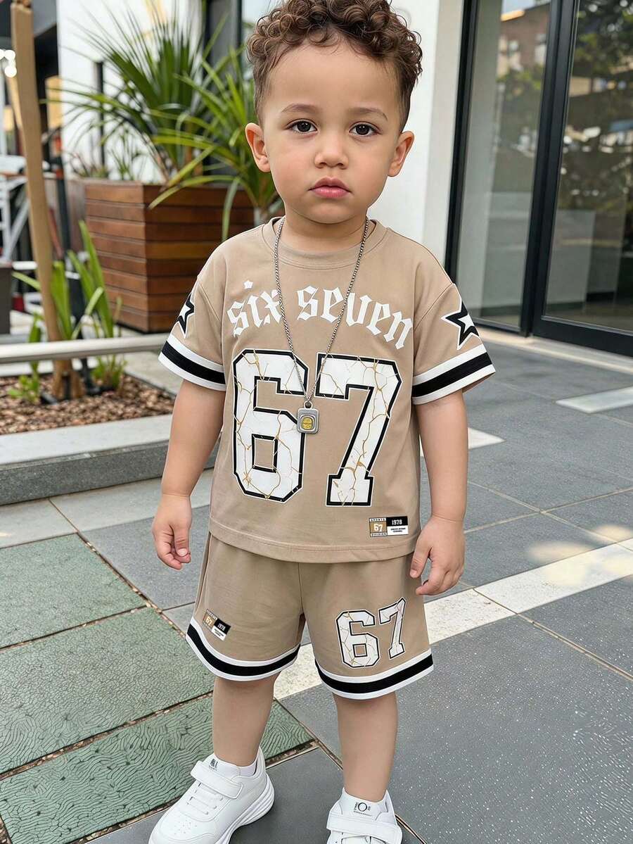 Baby Boy Casual Minimalist T-Shirt Set Suitable For Summer, Classic Cool Handsome Striped Pattern Print, Classic Street Style Number 6, 7, Six, Seven, Cool Text Pattern Print, Classic City Los Angeles Text Pattern Print, Suitable For Sports, Suitable For Spring And Summer - Multicolor - View 1