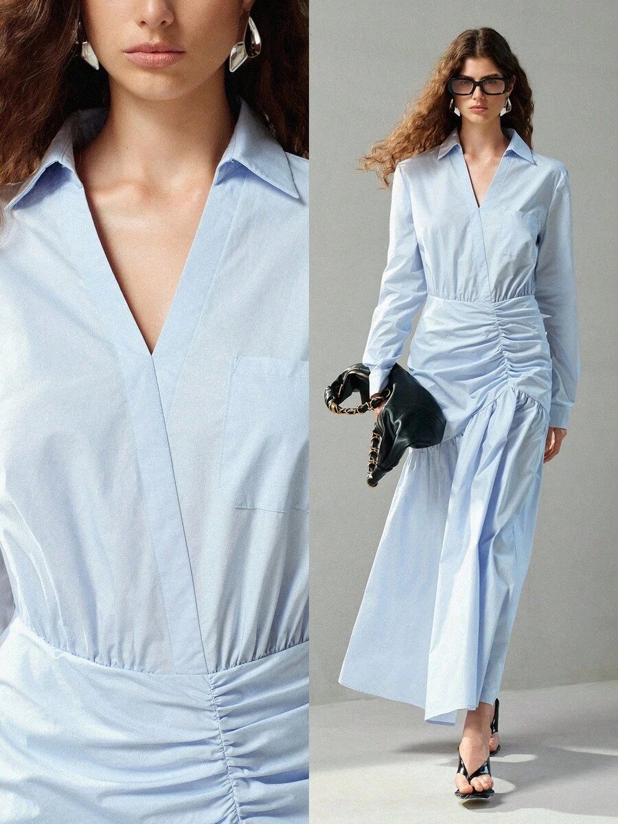 MOTF PREMIUM WOMEN'S SPRING/AUTUMN ASYMMETRIC PLACKET PLEATED WAIST SHIRT DRESS - Blue - View 1