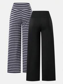 Tween Girls High Waist 2pcs/Set Big Winter New Casual Uniform Baggy Minimalist Knitted Fitted Straight Leg Long Pants, Versatile For School Grey Black - Black - View 2