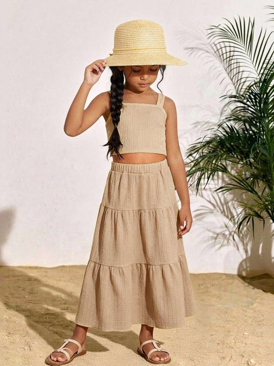 SHEIN Elladie kids 女童背心套裝,休閒可愛復古風,夏季開學穿搭,適合戶外運動與日常舒適穿著的套裝 - 卡其色 - 查看 1