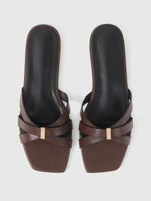 Sleekvia Ladies' Classic Simple Commute Dark Brown Strap With Gold Buckle, Comfortable Small Square Toe Flat Bottom Sandals, Suitable For Commuting, Vacation, Beach - dark brown - View 2