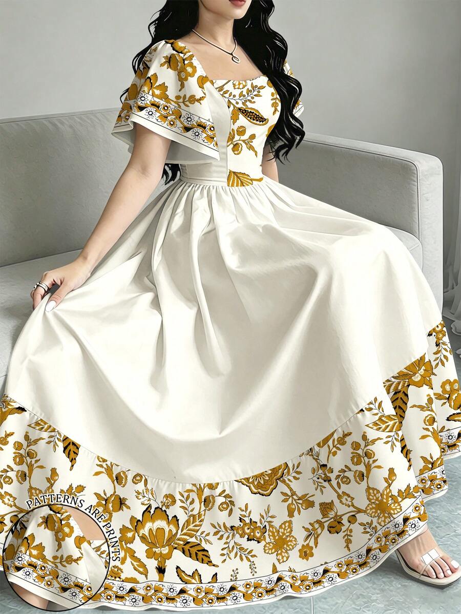 Modelyn 大地色系复古碎花图案加大码女装连衣裙,方领泡泡袖碎花迷你连衣裙,荷叶边下摆,浅蜜桃色优雅连衣裙,夏季度假风连衣裙 - 彩色 - 查看 1