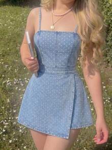 SHEIN MOD 女士不对称下摆波点牛仔连体裤 - 黑色 - 查看 4