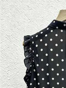 SHEIN Franclia 女款波點荷葉邊休閒百搭日常外出襯衫 - 黑色 - 查看 4
