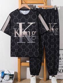 SHEIN 青少年男孩字母印花圓領短袖T恤與長褲休閒套裝 - 彩色 - 查看 6