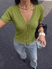 Pariaura 女款春夏休閒純色短袖輕量開襟衫 - 綠色 - 查看 6