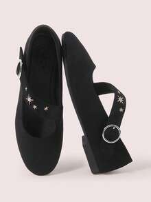 CUCCOO DOLLMOD Sepatu Mary Jane Ujung Bulat dengan Kancing Bordir Bintang, Sepatu Flat Hak Rendah Suede Hitam Gaya Retro Sastra - Hitam - View 1