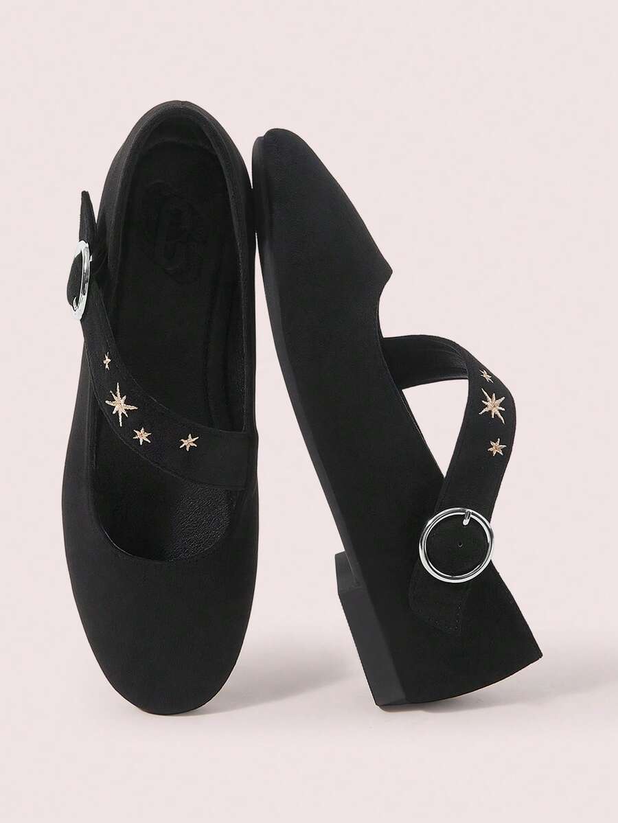 CUCCOO DOLLMOD Sepatu Mary Jane Ujung Bulat dengan Kancing Bordir Bintang, Sepatu Flat Hak Rendah Suede Hitam Gaya Retro Sastra - Hitam - View 1