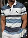 Manfinity Dauomo Men's Standard Size Polo Shirt, Summer Outdoor Top, Classic Vintage Blue Gray Striped Print Pattern, Knight Horse Print Pattern, Pattern Design, Commuter Business Style, Casual Elegant Style, Outdoor, Office Wear, Daily Wear