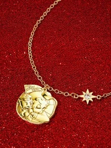 Betty Boop x SHEIN New Creative Cartoon Pattern Printed Pendant Necklace, IP Joint Design, Lovely Personalized, Simple And Generous, Can Also Be Used As Accessories, Suit - Gold - View 4