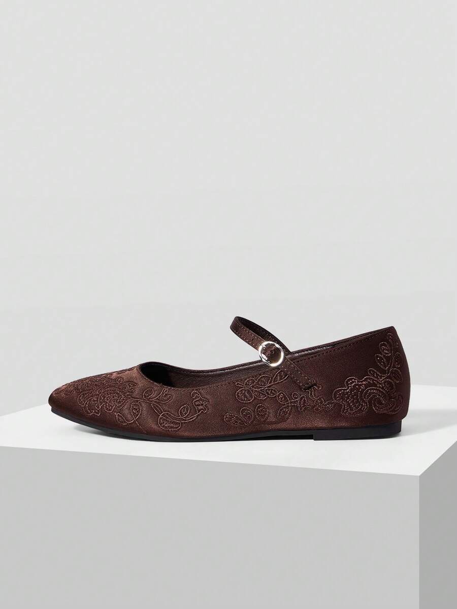 MOTF WOMEN ELEGANT VERSATILE COMMUTING VELVET FLORAL EMBROIDERY BUCKLE STRAP FLATS FOR CHRISTMAS VALENTINE'S DAY SPRING SHOES - Chocolate Brown - View 2