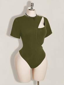 SHEIN ICON 女款大尺碼純色鏤空休閒百搭日常穿著連身衣 - 軍綠色 - 查看 7